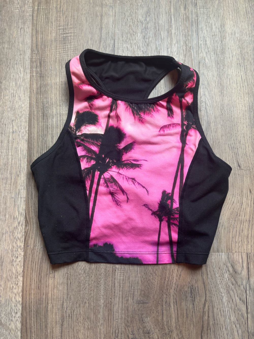 Betsey Johnson Black & Pink Palm-Print Racerback Crop Tank